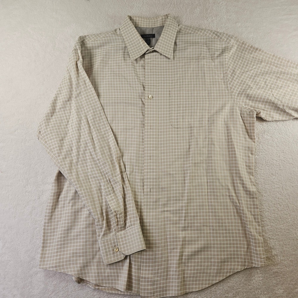 Van Heusen Mens XL Tan White Checkered Long Sleeve Button Down Shirt 5023771
